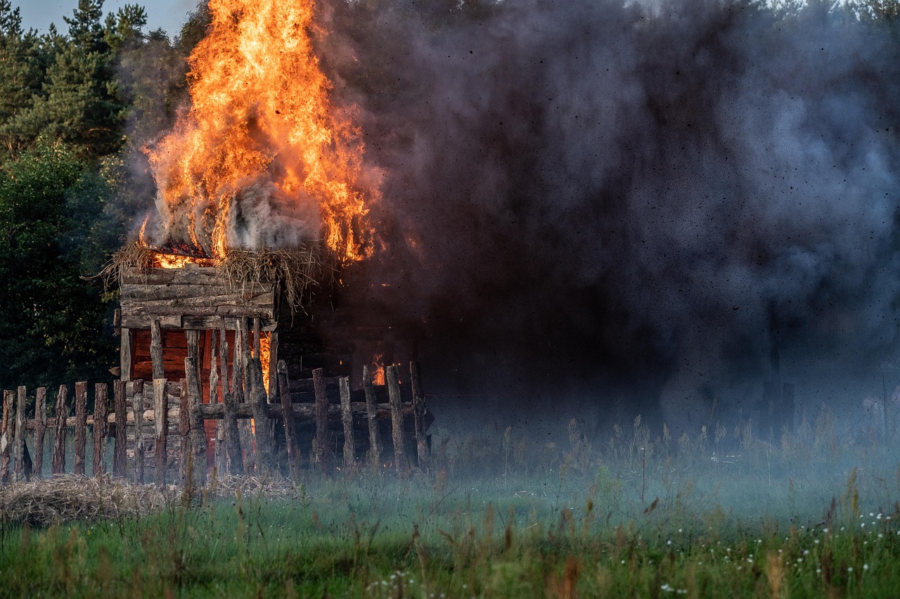 fire, burning, smoke, explosion, wood, staging, reconstruction, field, meadow, explosion, explosion, explosion, explosion, explosion