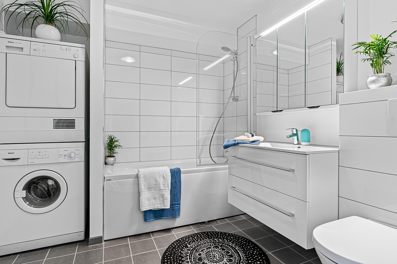 real estate, interior, bath room, toilet, shelf, sink, luxury, art, table, wood, chair, nature, shampoo, shower, washing machine, mirror, towel, decor, cabinet, plant, carpet