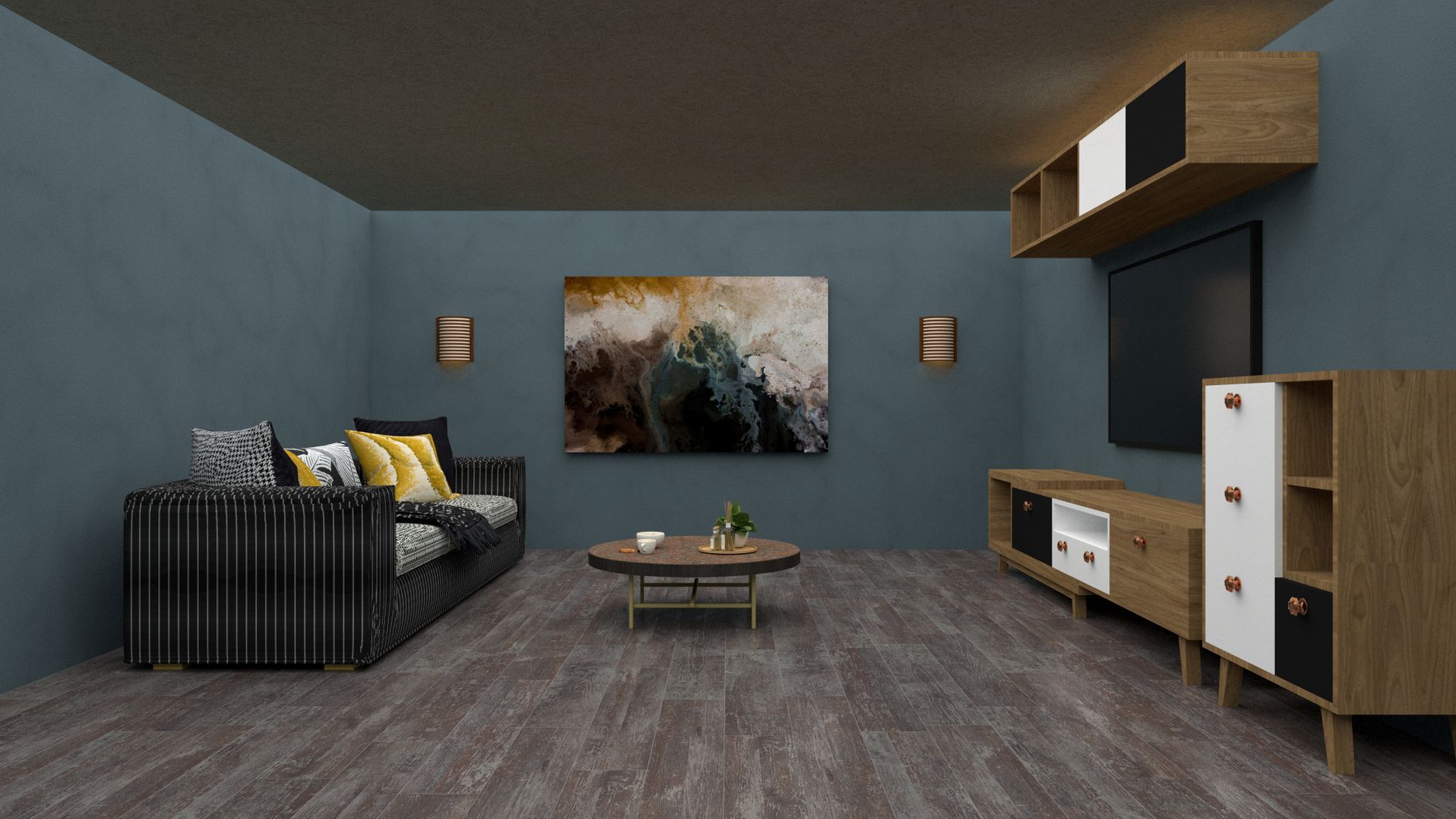Chic modern living room interior featuring a stylish sofa, artwork, and wooden furniture.
