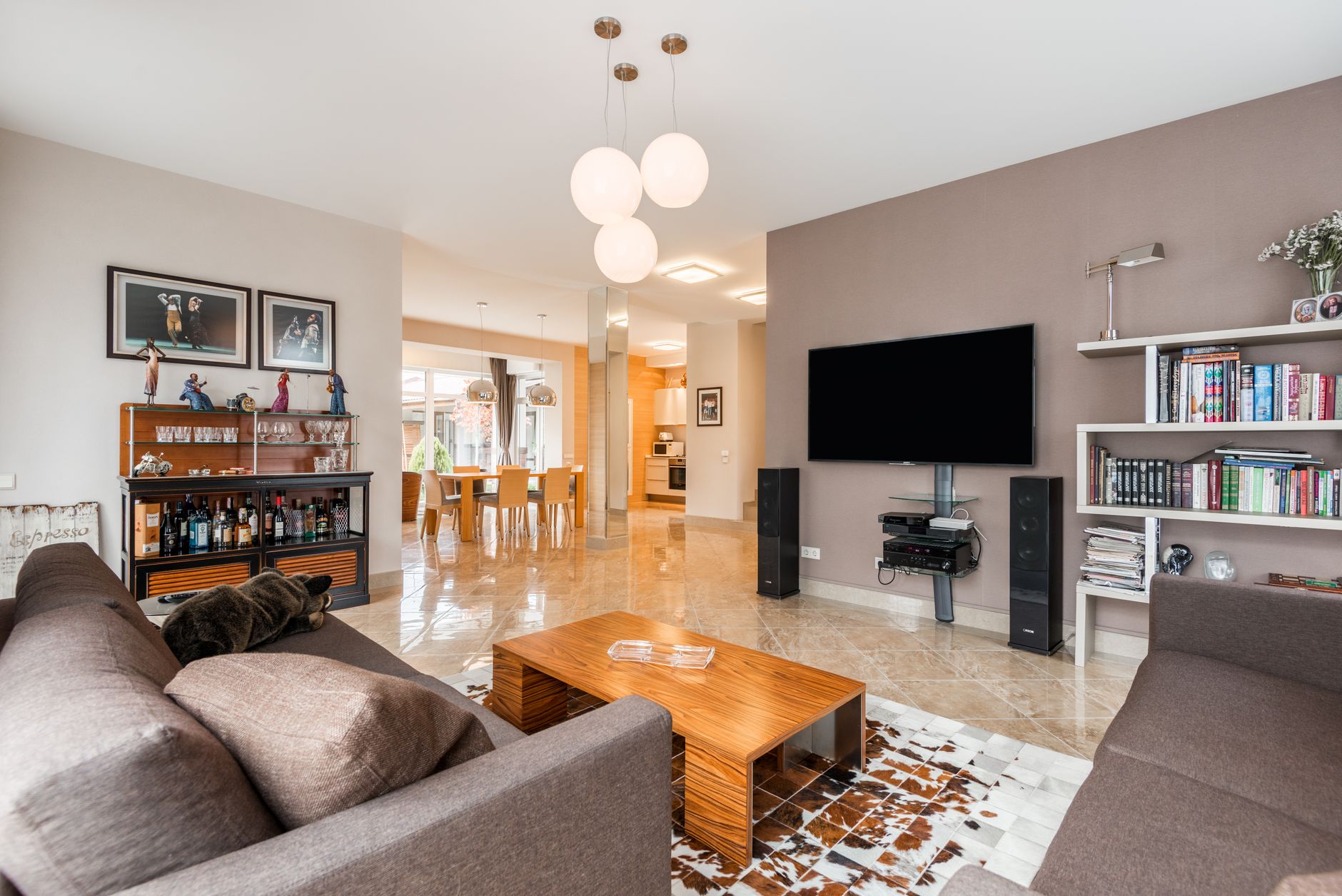Interior of spacious living room with comfortable sofa near wooden table and TV with bookshelves