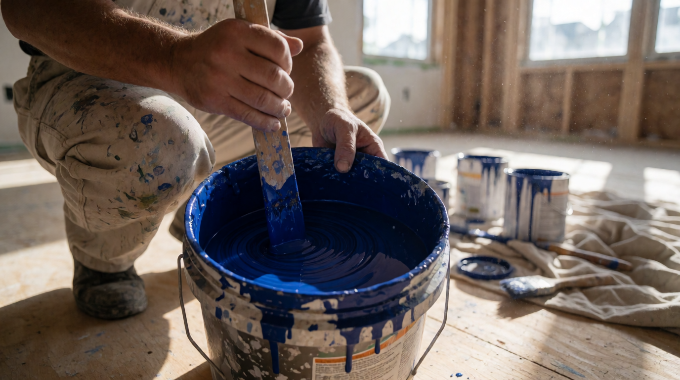 Pintor misturando tinta em balde profissional