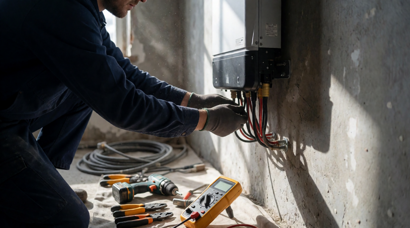 Técnico instalando inversor solar na parede