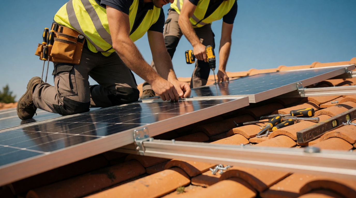 Painéis solares sendo instalados em telhado residencial em Cuiabá