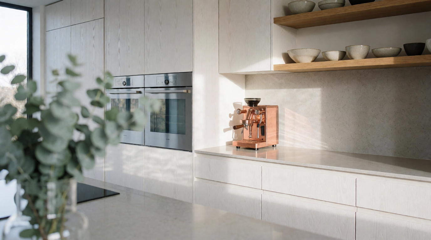 Cozinha moderna com marcenaria planejada branca e design minimalista