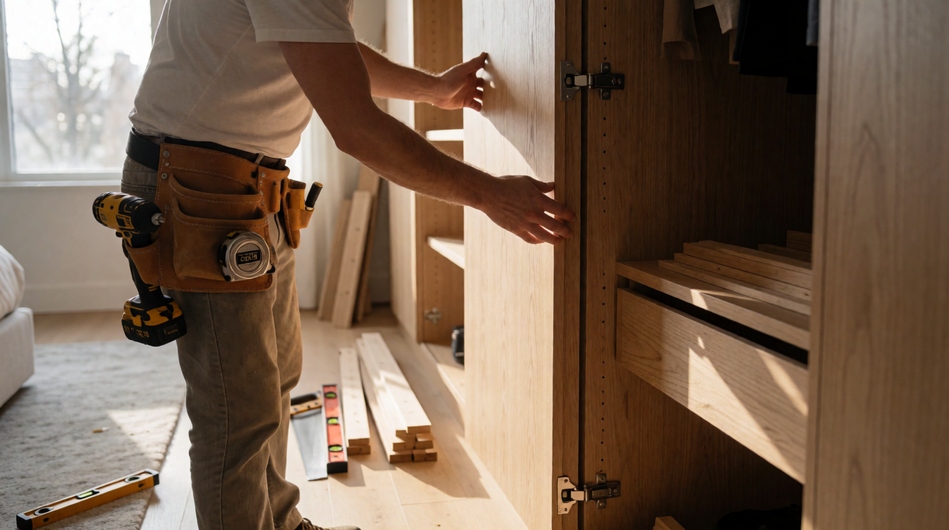Marceneiro profissional instalando guarda-roupa planejado em quarto residencial