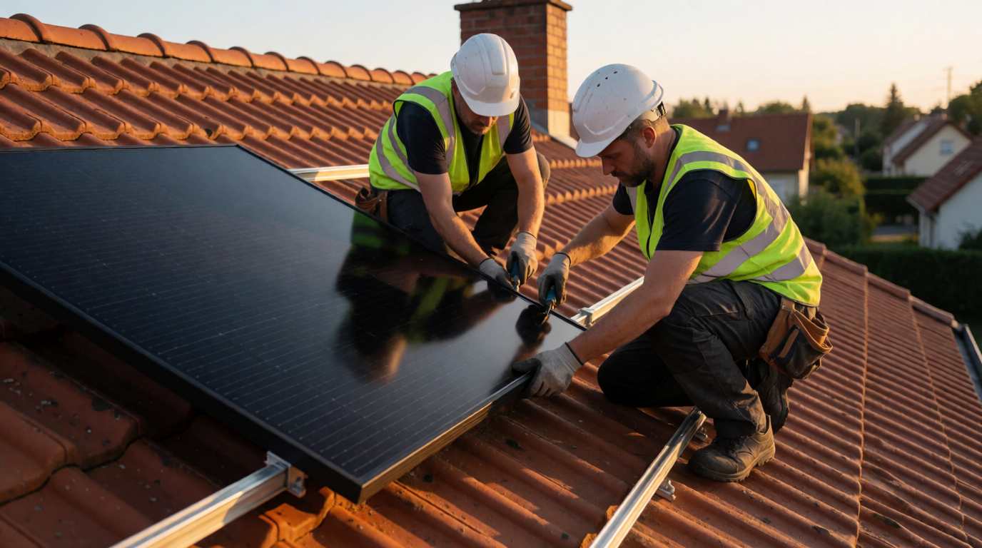 Instalação de painéis solares no telhado de uma casa em Petrópolis