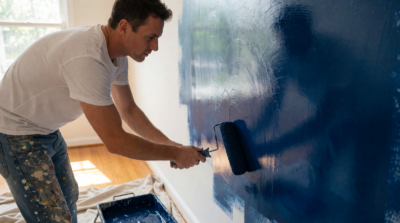 Pintor profissional aplicando tinta em parede residencial