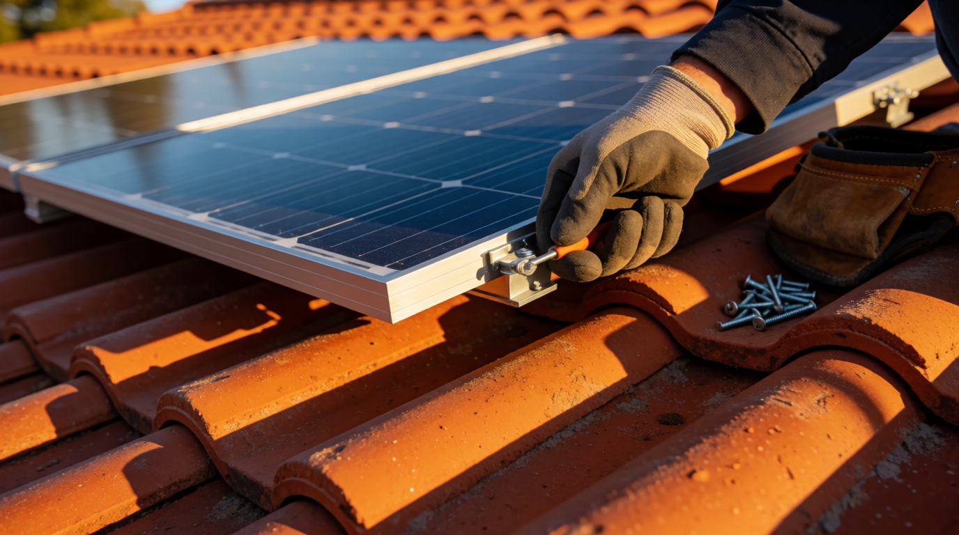Painéis solares sendo instalados em telhado residencial