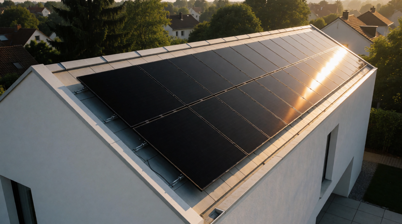 Painéis solares instalados no telhado de uma casa moderna
