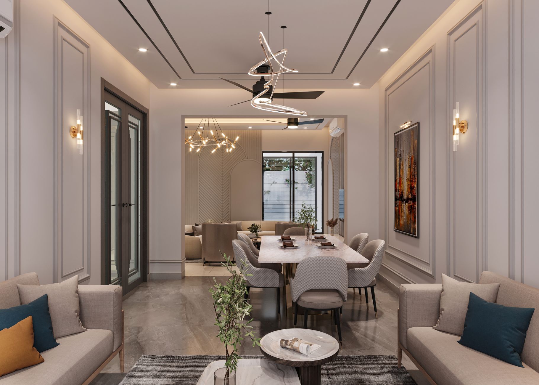 Elegant and modern living room interior in Punjab, featuring stylish decor and lighting.