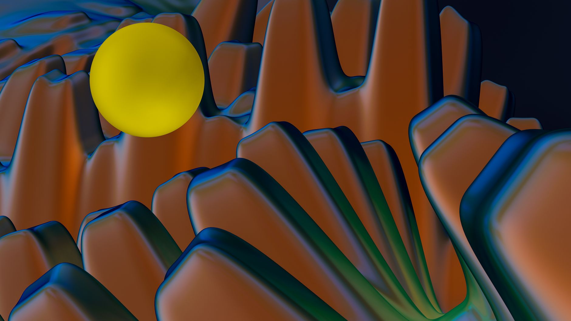 Vibrant abstract 3D render with a yellow sphere atop stylized wave-like structures.