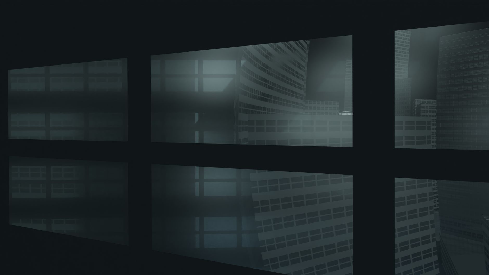 A digital render of a futuristic cityscape with abstract reflections through windows.
