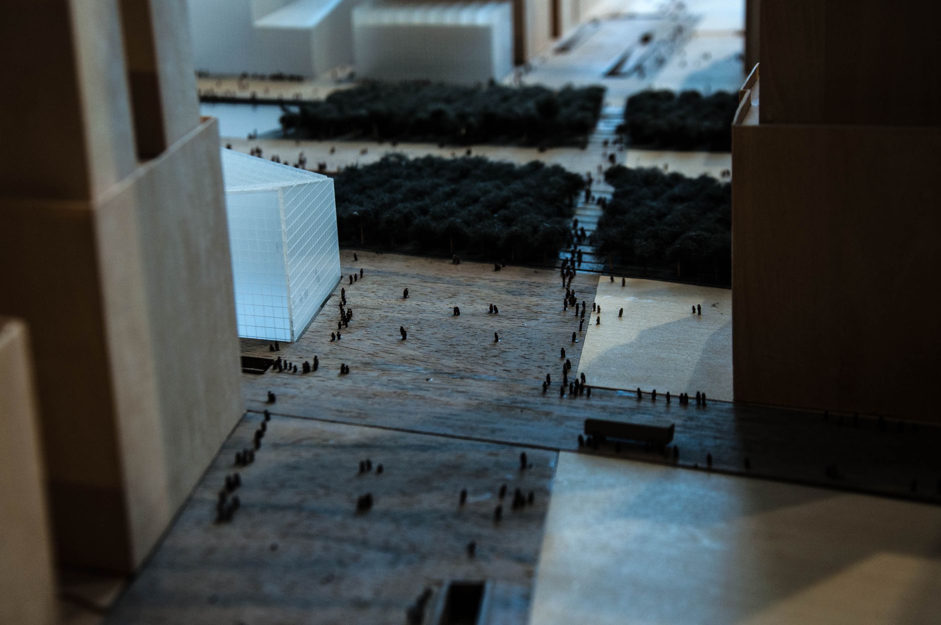 Detailed model of an urban landscape, showcasing modern architecture and green spaces.