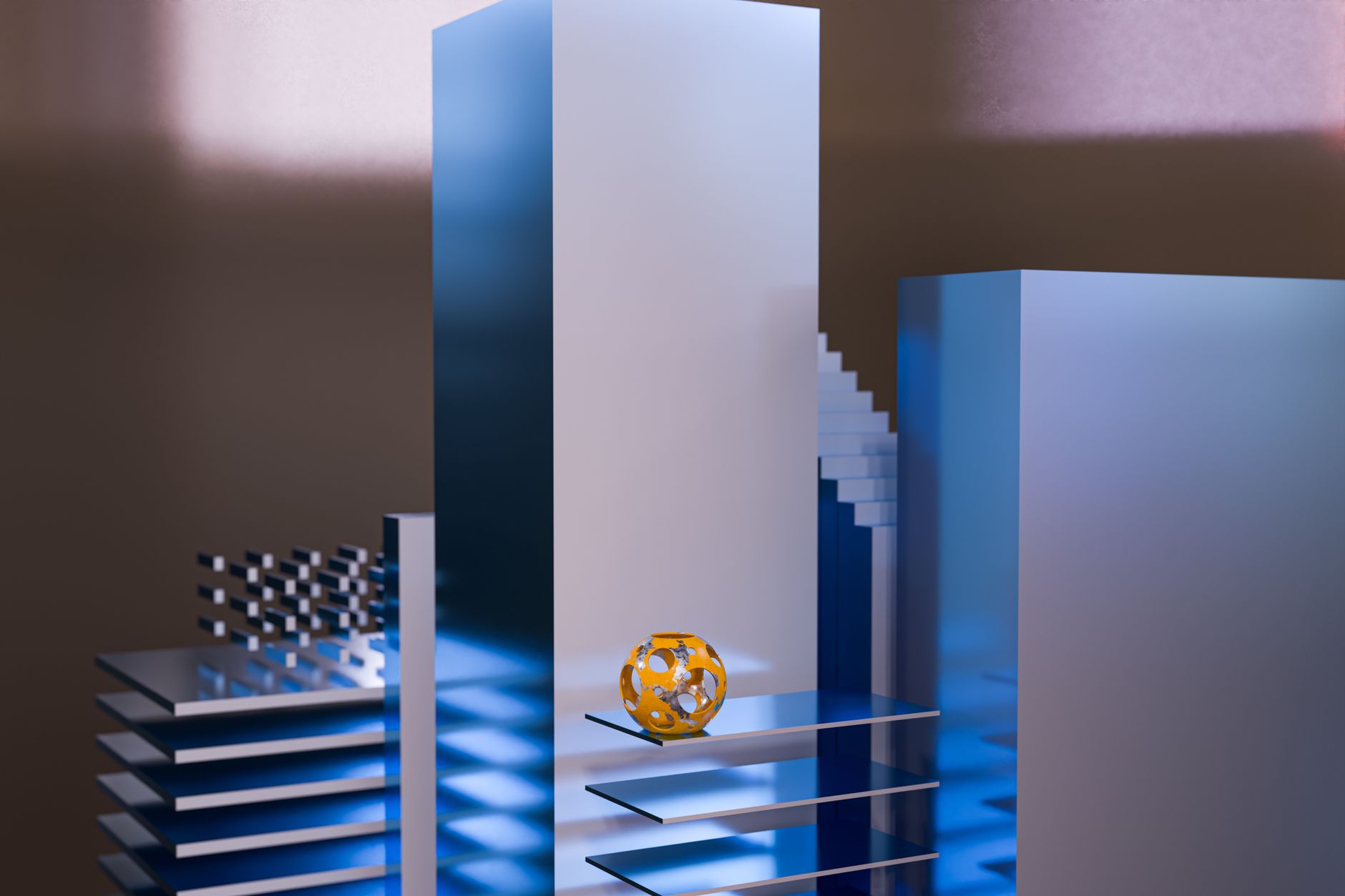 Futuristic abstract architecture with geometric shapes and reflective surfaces in a minimalist setting.