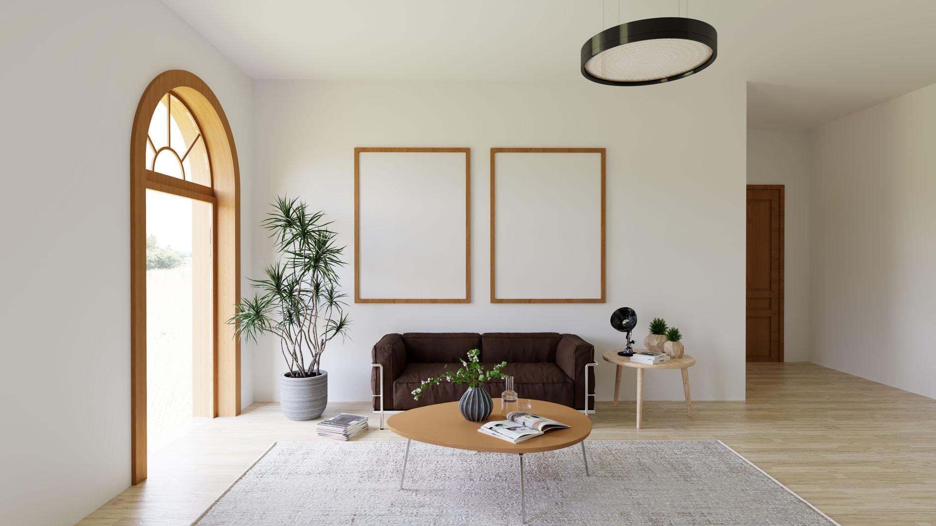 Stylish minimalist living room interior featuring a brown sofa, elegant decor, and indoor plants.