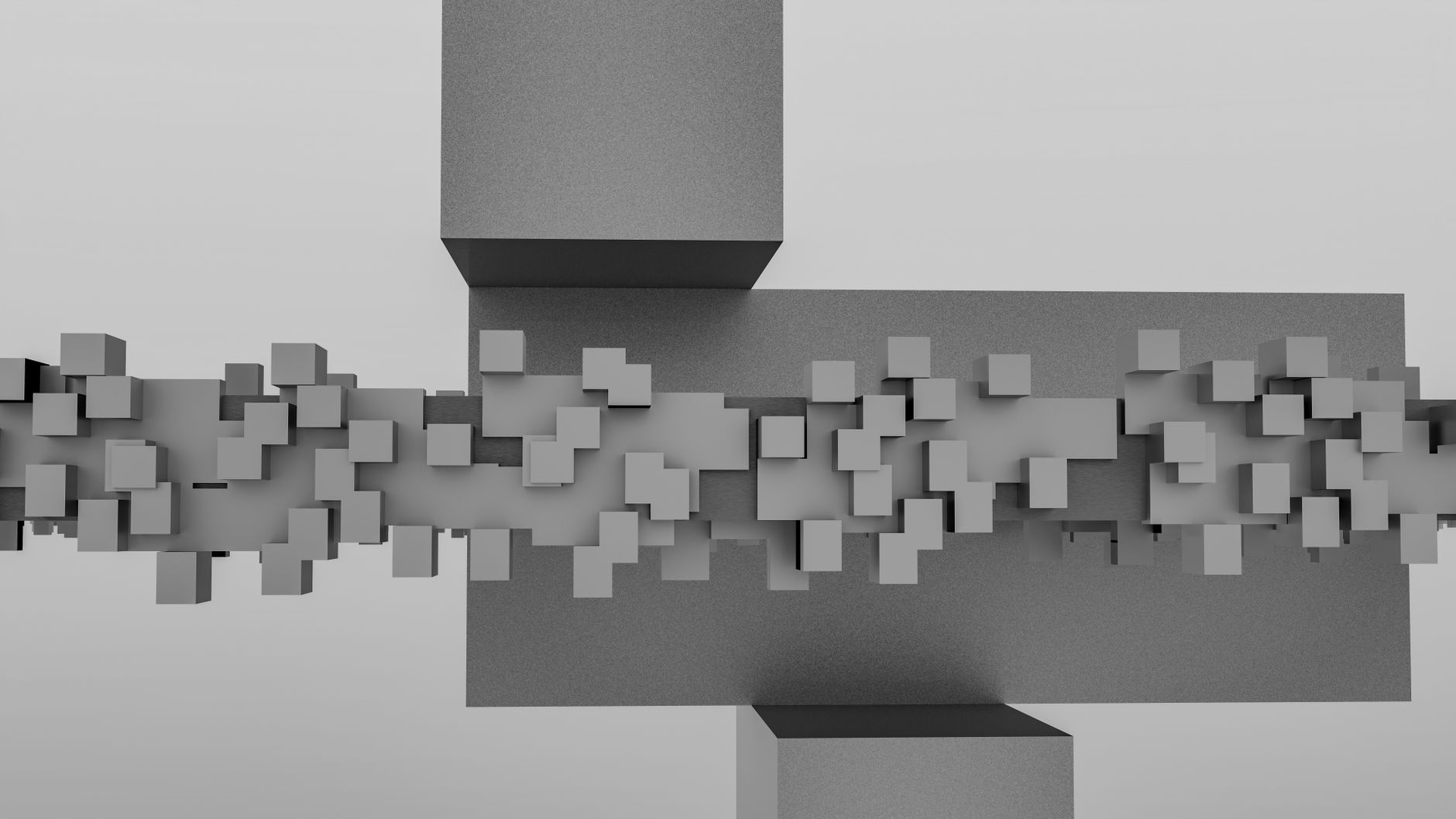 Intricate monochrome 3D render of abstract geometric cubes and structures.