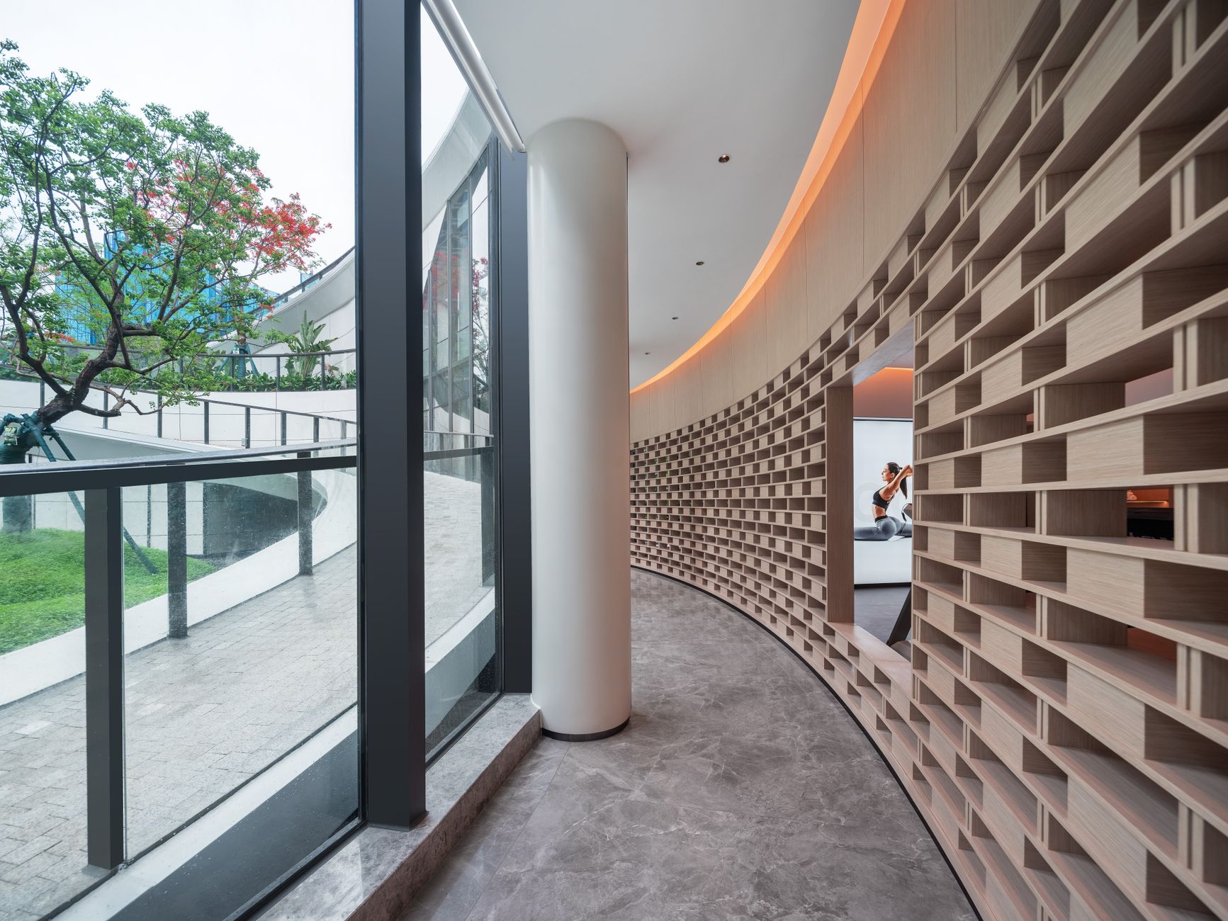 A sleek and modern curved hallway with a glass wall and wooden shelving, overlooking a green outdoor area.