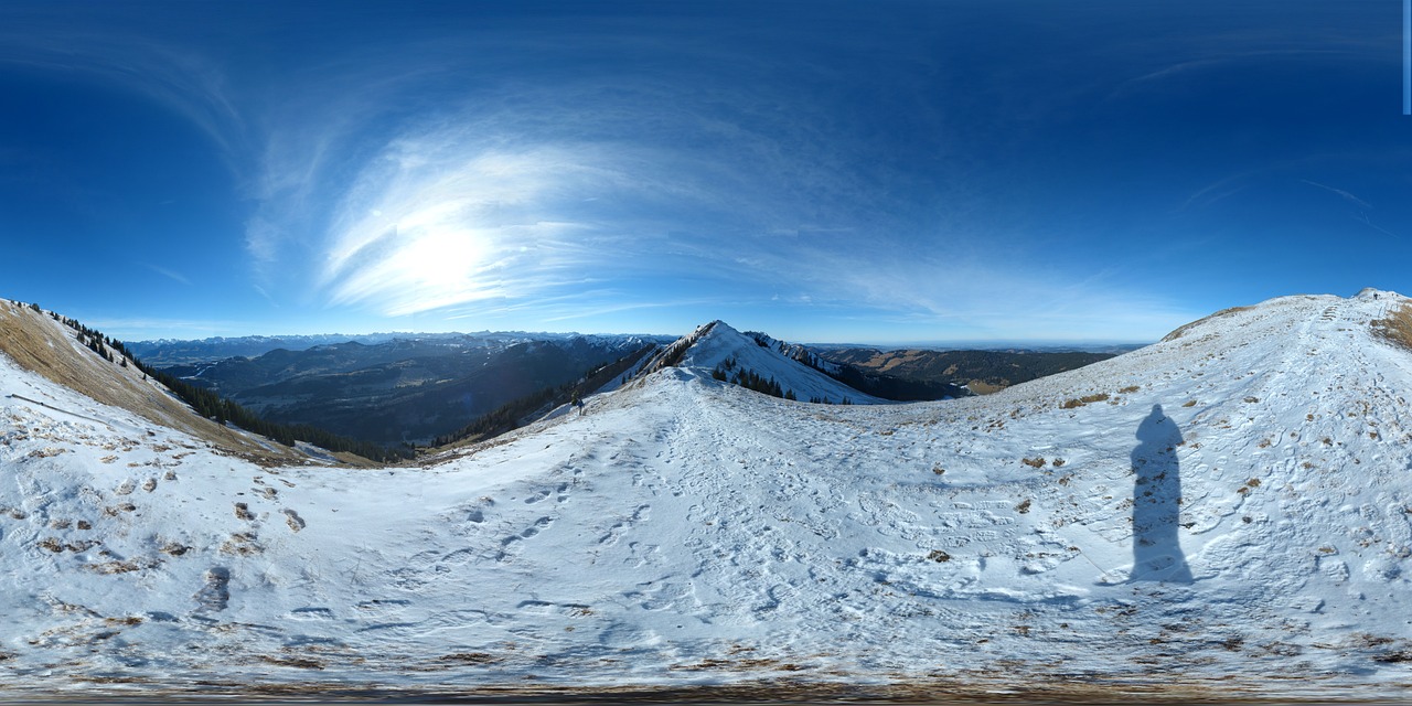winter, panorama, mountains, snow, allgäu, heaven, outlook, 360-degree panorama, 360 °, photo ball, sun, alps, stone mountain, stuiben, gunzesried, valley, ridge, rockclimbing, sky dome, firmament, equirectangular projection, cylindrical projection, nature, spherical panorama, equirektanguläres panorama, photo-stitch, all around, full, complete