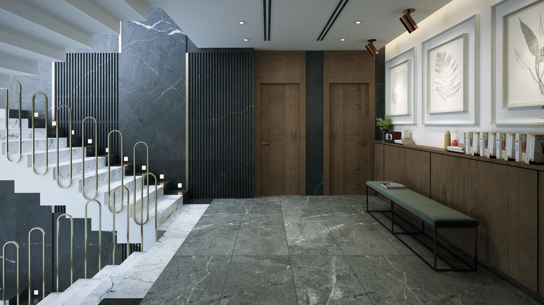 Elegant interior design featuring marble staircase, modern art, and minimalist decor.