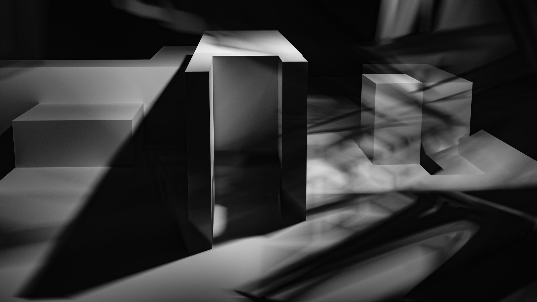 Monochrome abstract geometric art with shadows and light play, featuring 3D shapes.