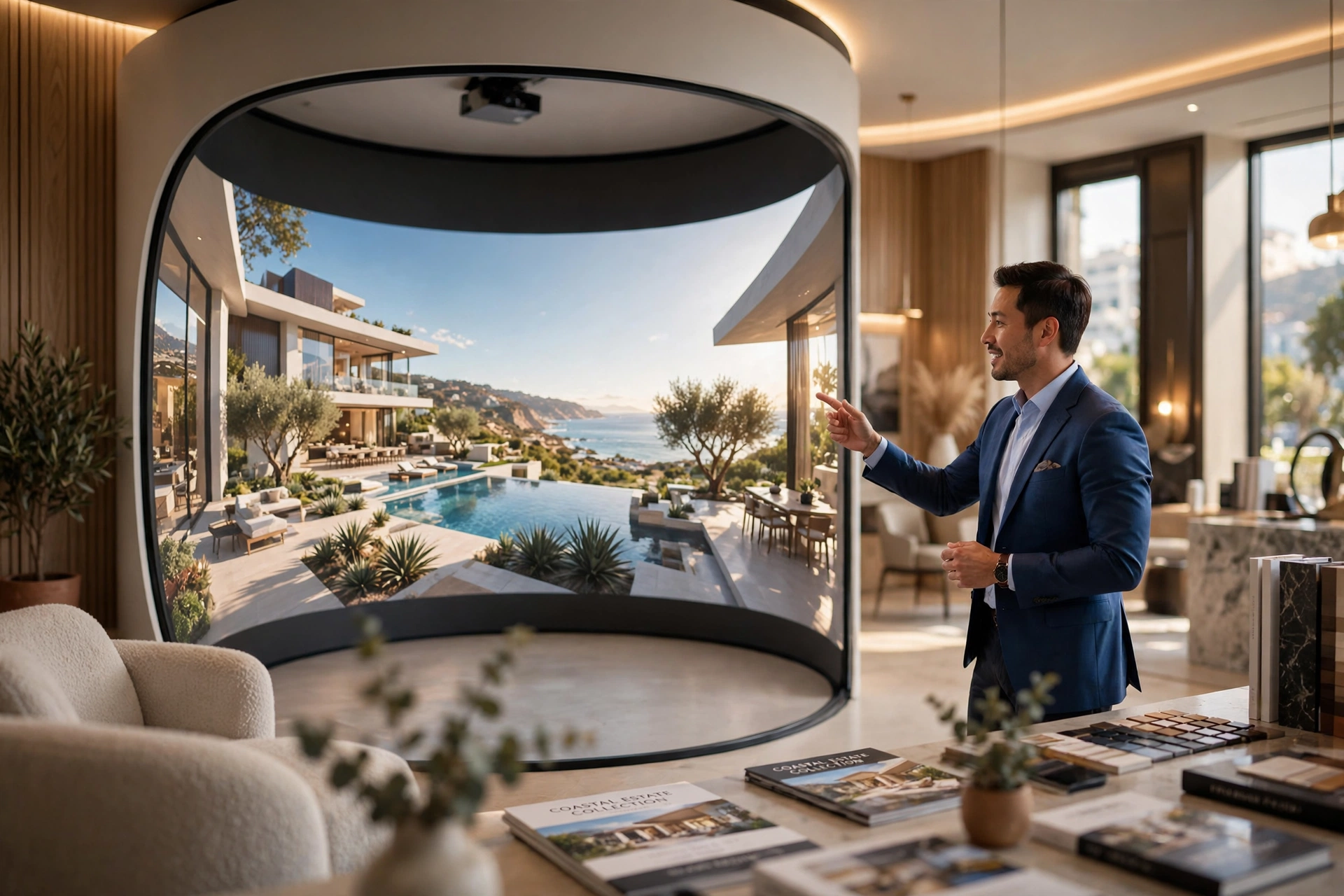 Sala imersiva de luxo com projeções 360 graus em estande de vendas