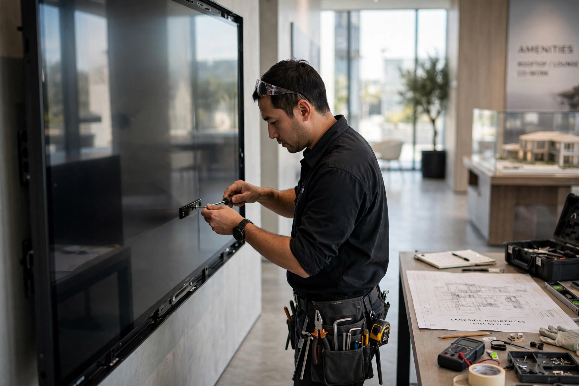 Técnico instalando tela touch gigante em estande imobiliário
