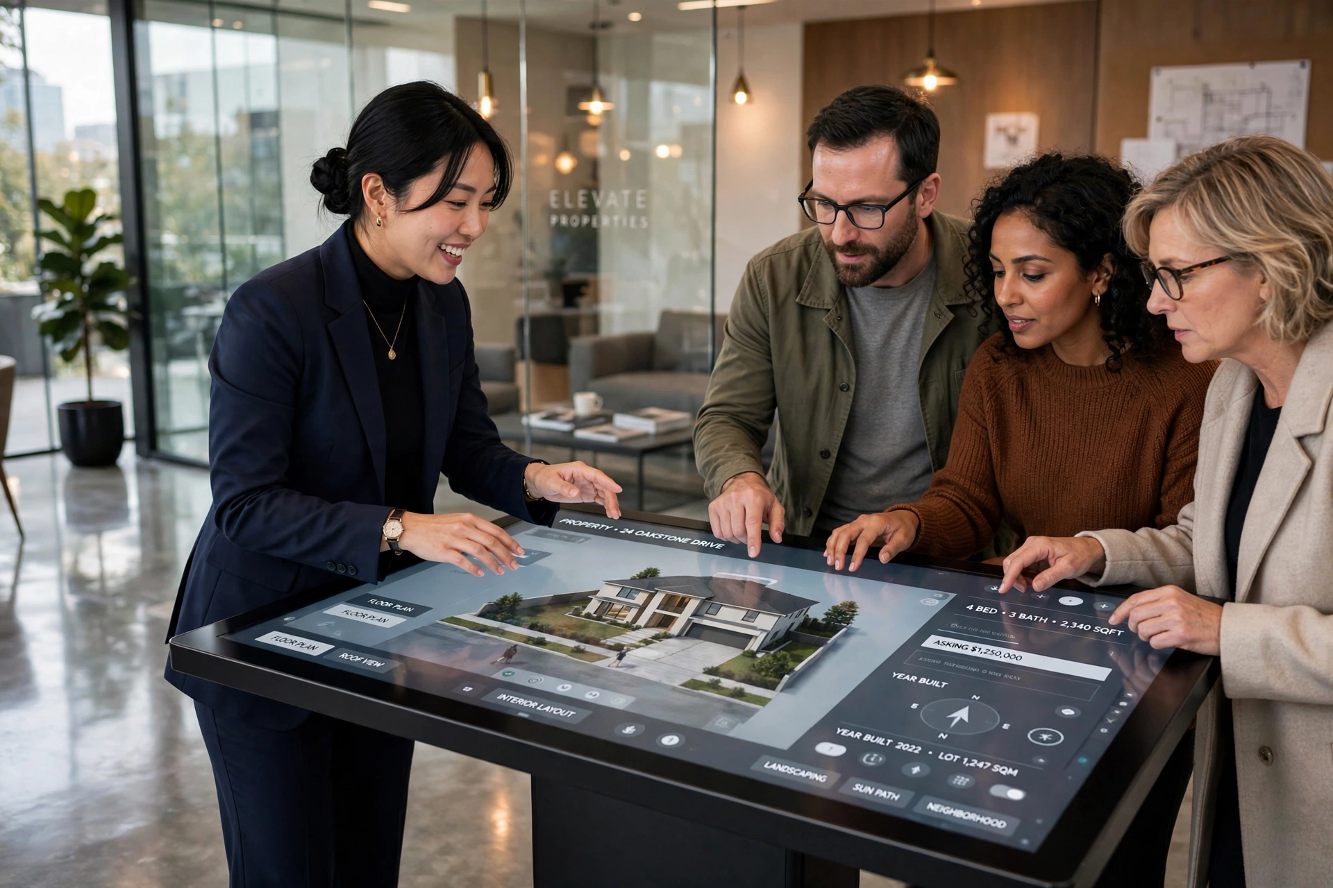 Corretor de imóveis apresentando maquete interativa em tela touch para clientes