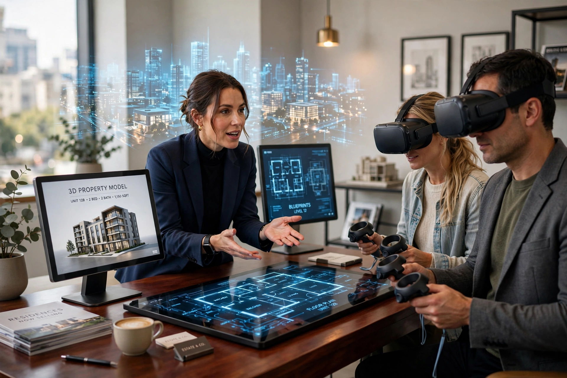 Escritório de vendas imobiliárias com telas interativas e maquetes digitais