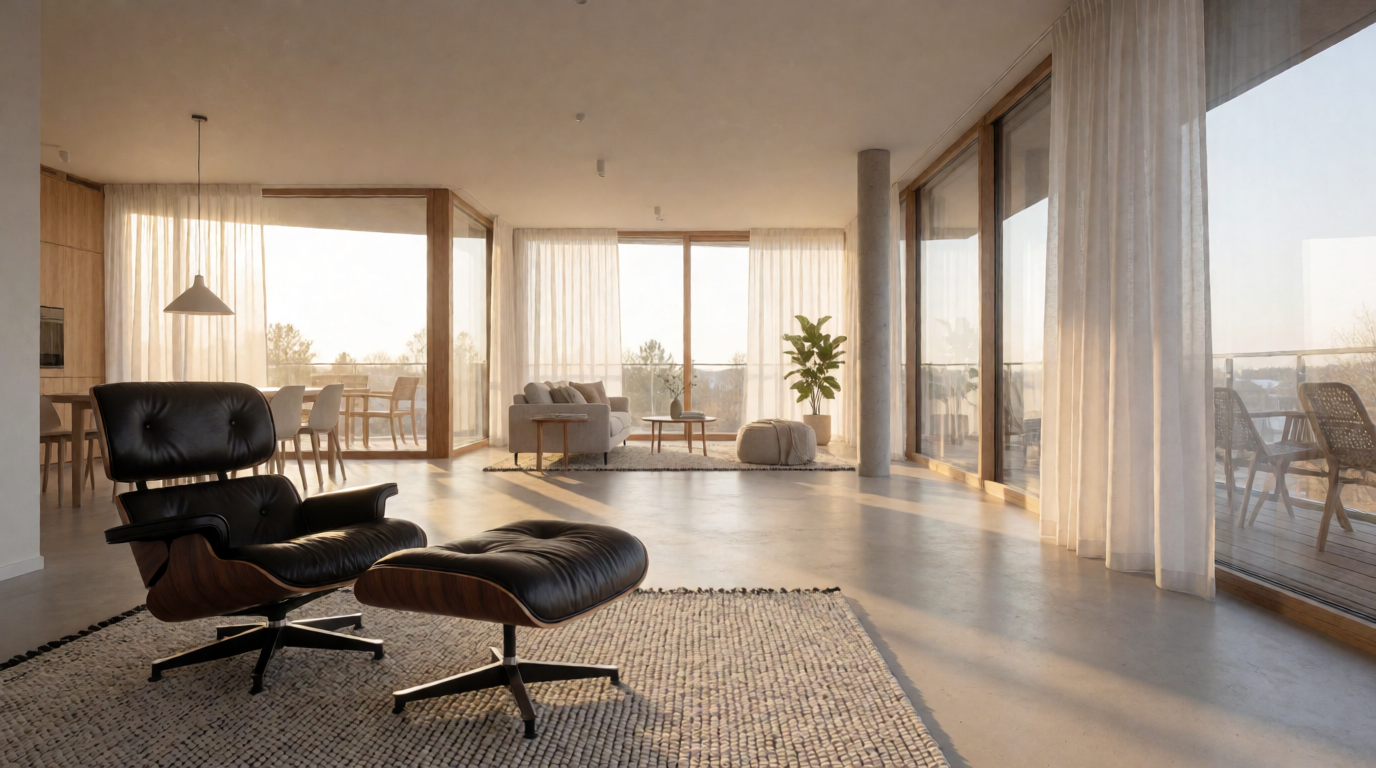 Renderização 3D de apartamento de luxo moderno com iluminação natural