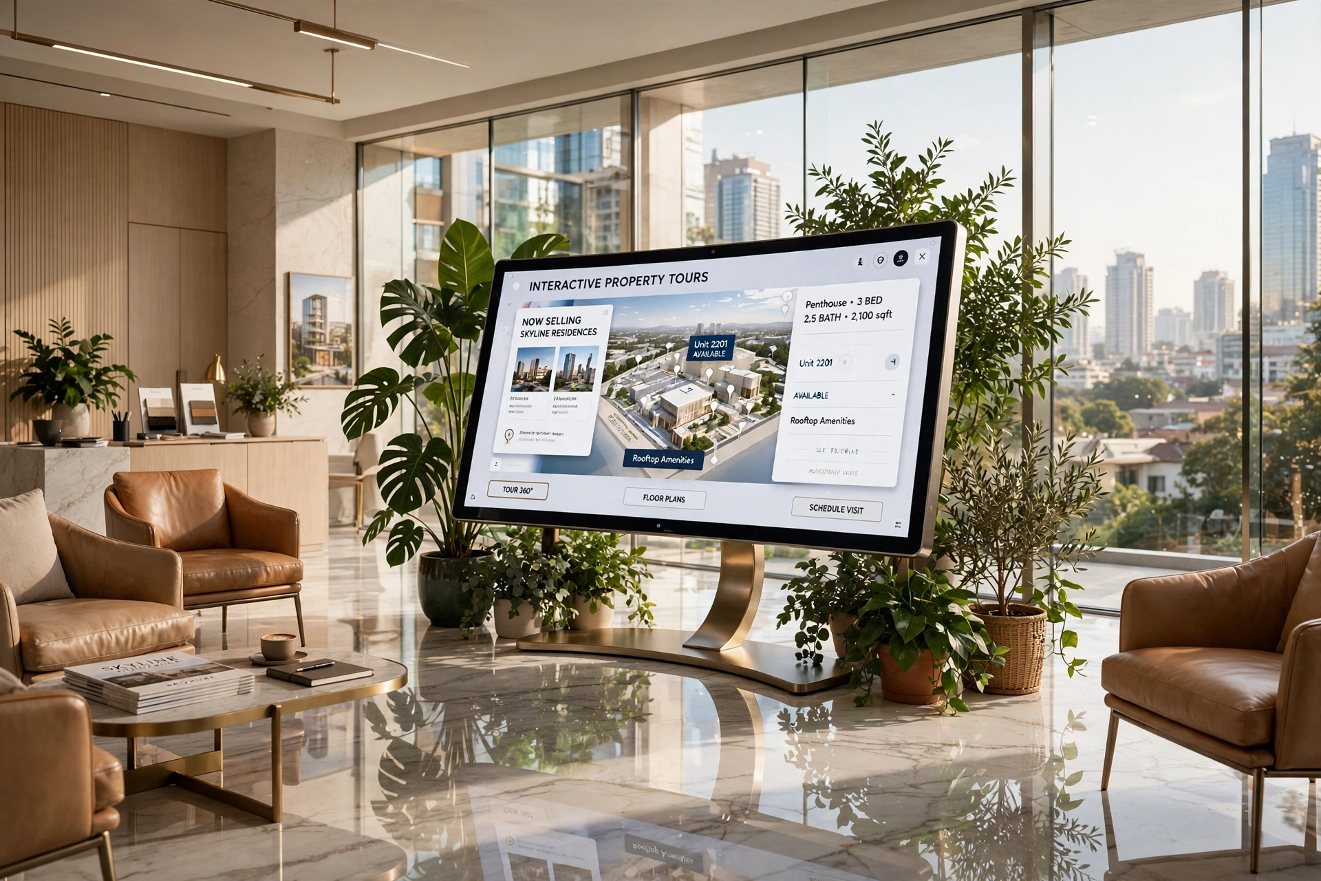 Interior de um estande de vendas imobiliário moderno e luxuoso