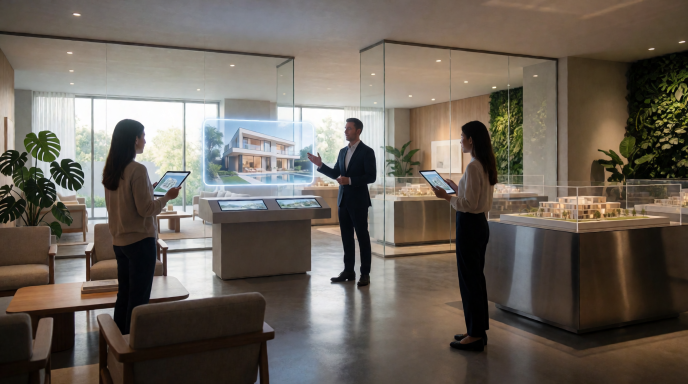 Interior de um stand de vendas imobiliário moderno com tecnologia