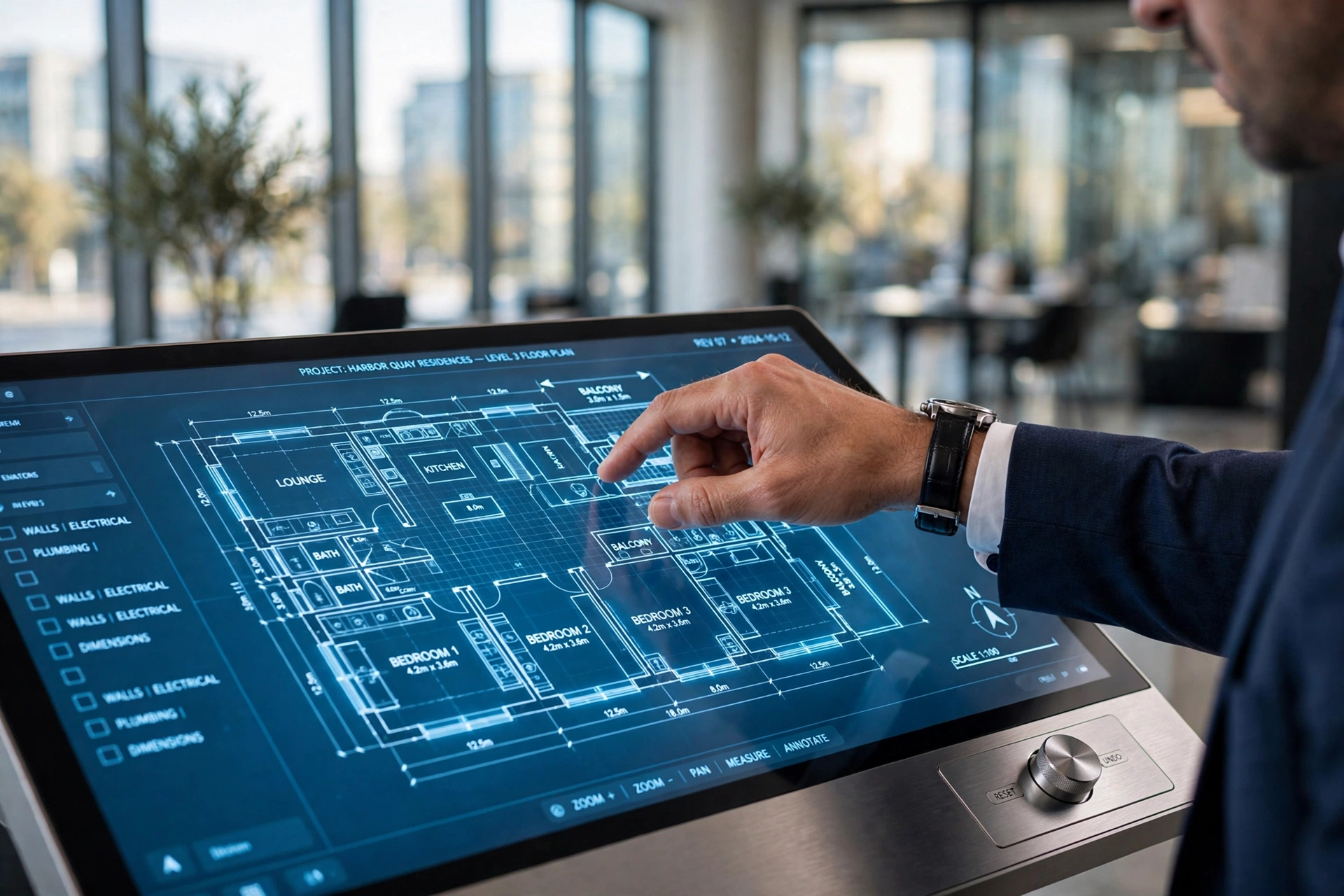 Modelo 3d arquitetônico em tela touch interativa