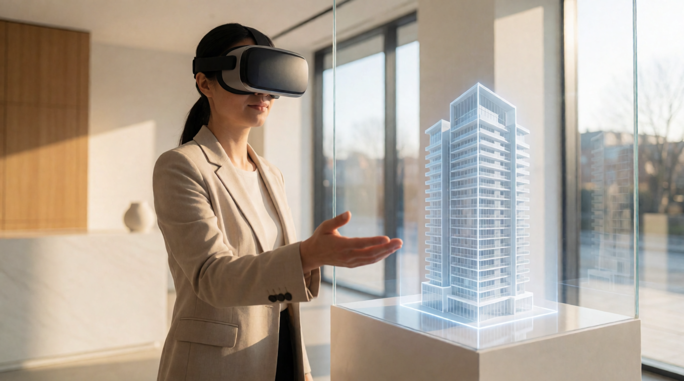 Corretor sendo treinado em sala imersiva com maquete virtual 3D