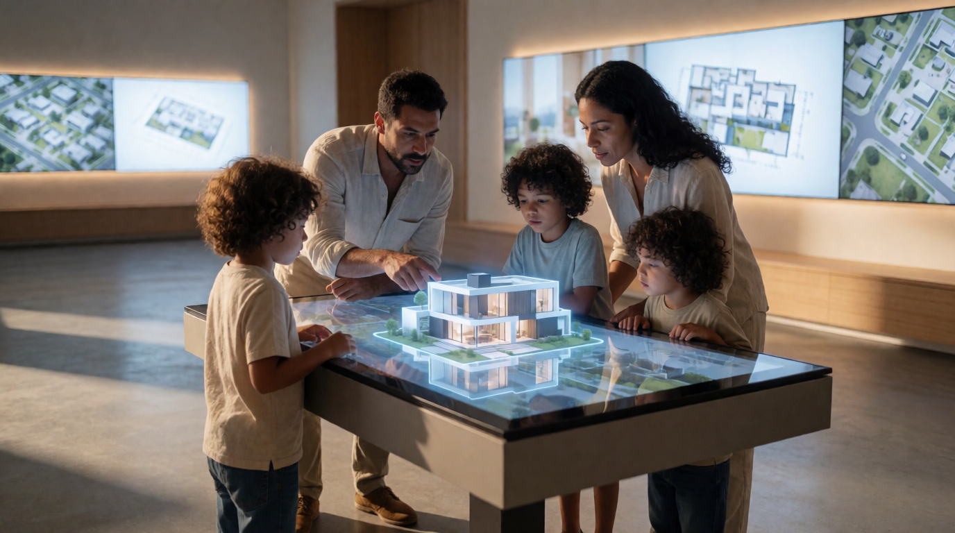 Família mineira analisando projeto residencial em sala imersiva