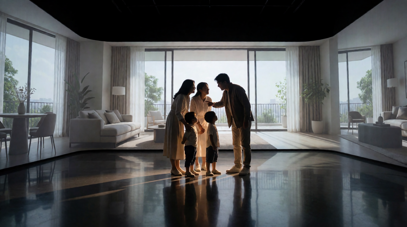 Família visualizando apartamento virtual em projeção 360 graus
