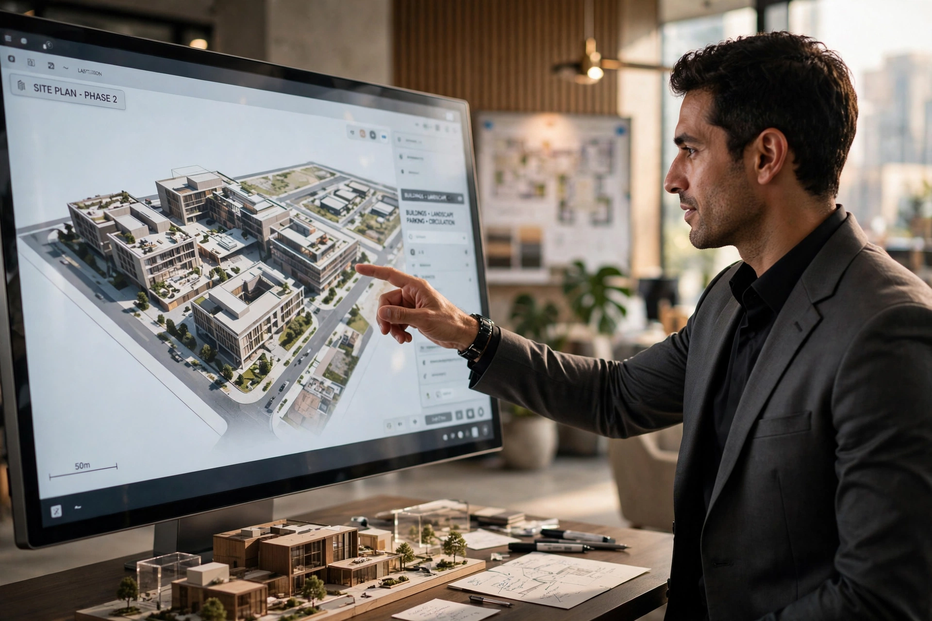 Arquiteto apresentando modelo 3D em tela interativa