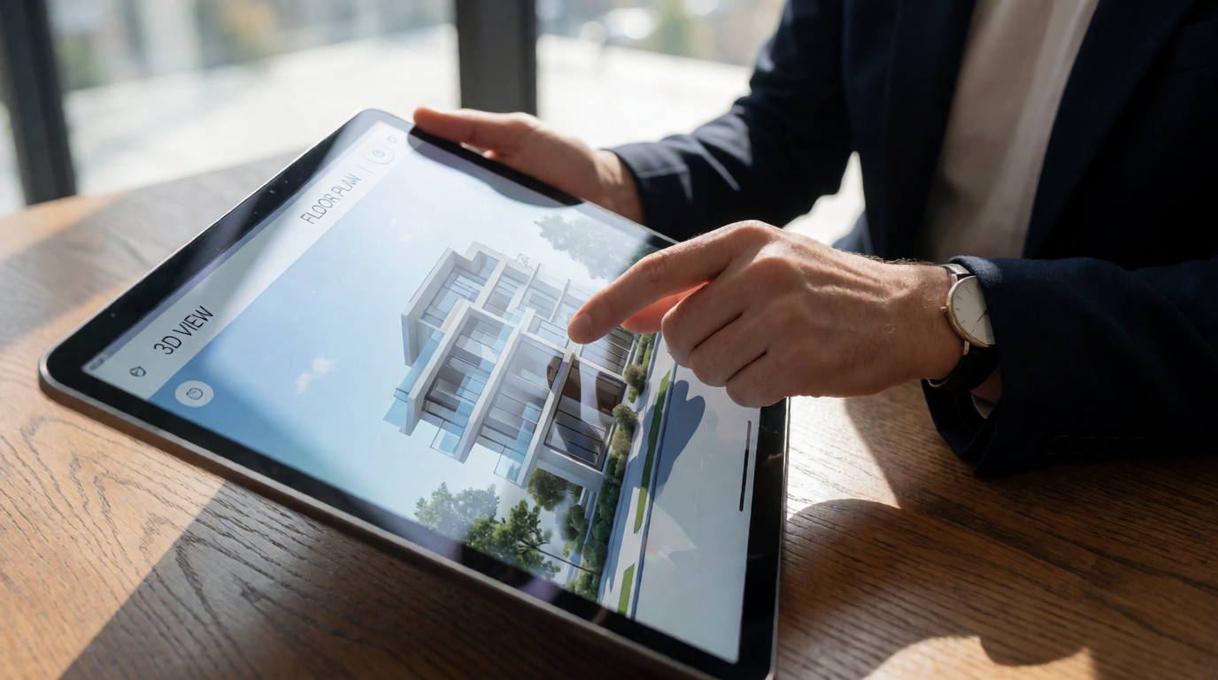 Corretor de imóveis apresentando maquete virtual em tela touch