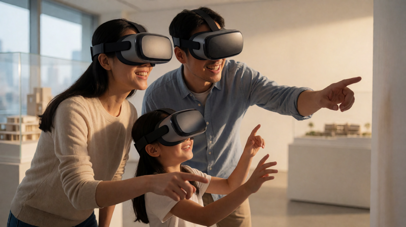 Família vivenciando apartamento virtual em sala imersiva de estande de vendas
