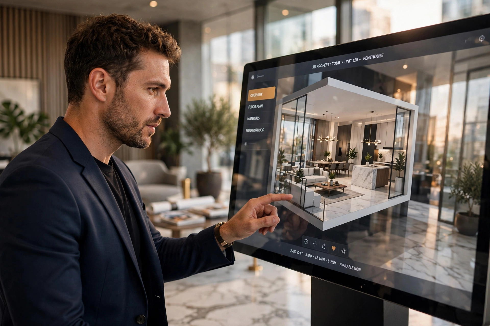 Corretor de imóveis operando tela touch com maquete interativa