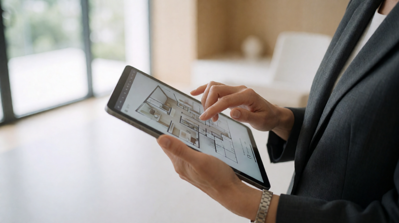 Corretor imobiliário apresentando maquete digital interativa para cliente