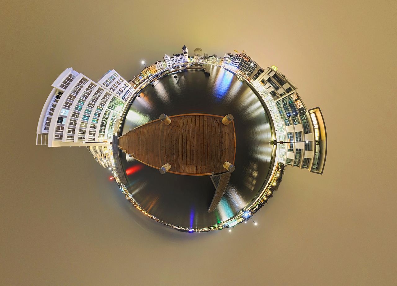 dortmund, phoenix lake, panorama, night, night shot, houses, light, architecture, lake, water, nature, 360 °, little planets, spherical panorama, 360-degree panorama, spherical projection, projection, panoramic shot, 360-degree panoramic shooting, 360-degree recording, photo technology