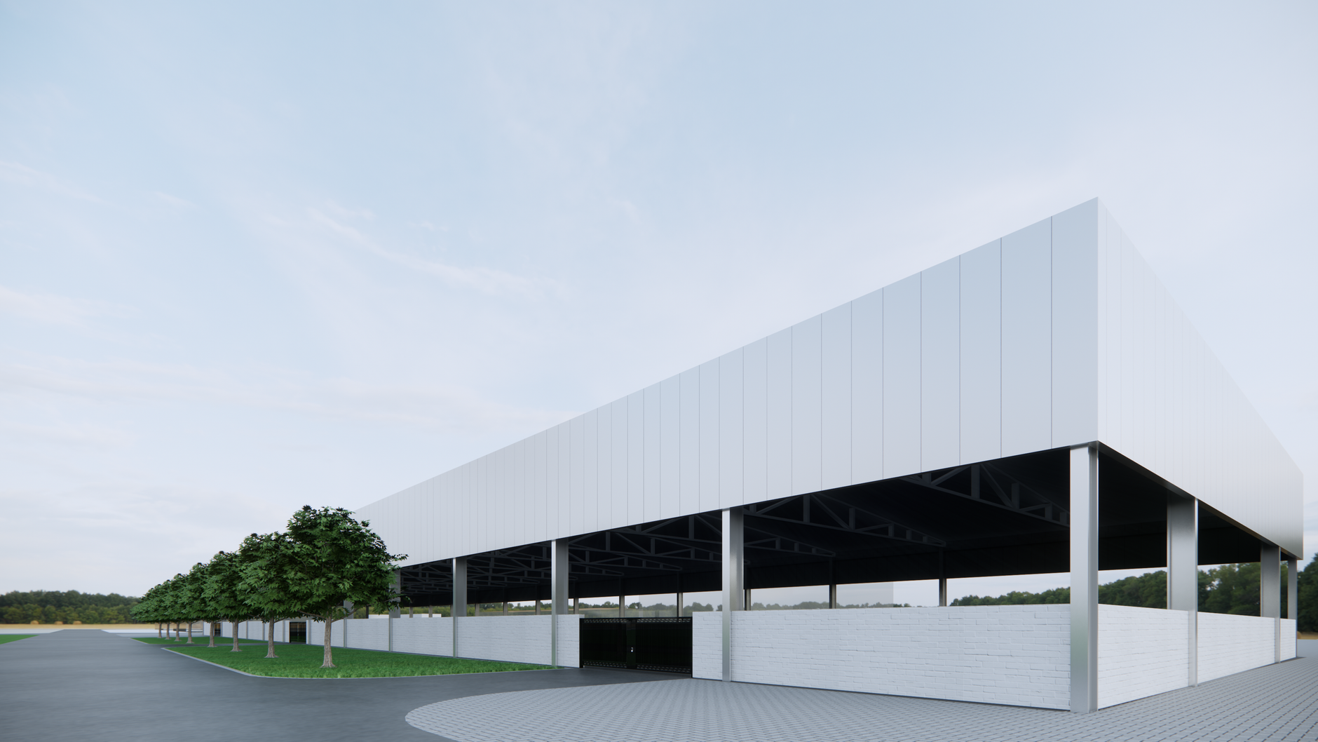 A sleek, modern industrial building with open structure and trees lining the pathway.