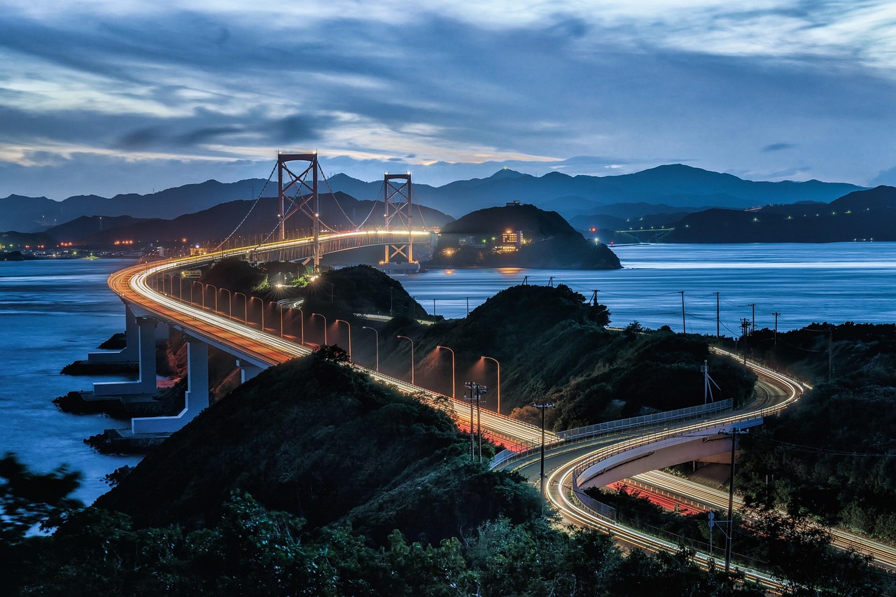 landscape, evening, onaruto bridge, naruto strait, shikoku, sea, car light trails, nature, japan