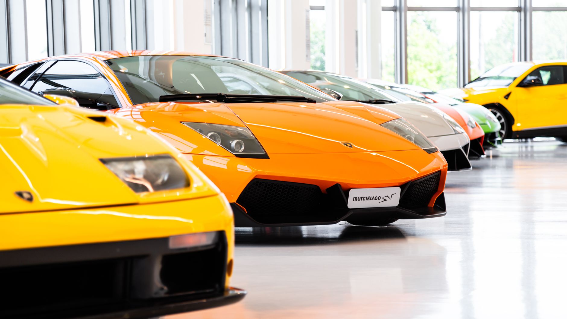 Exhibit of luxury Lamborghini supercars with vibrant colors displayed indoors.
