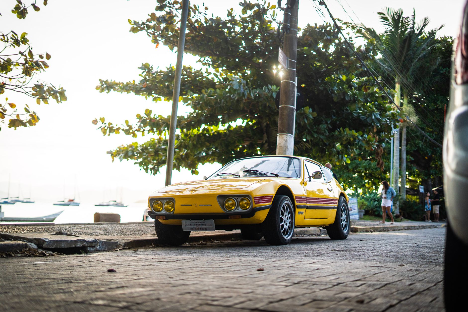 A classic yellow sports car parked on a sunny street with trees and ocean in the background.