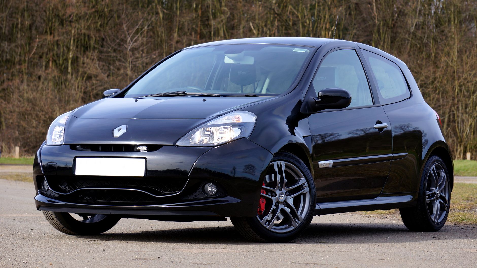 Stylish black Renault Clio RS parked outdoors with trees in the background.