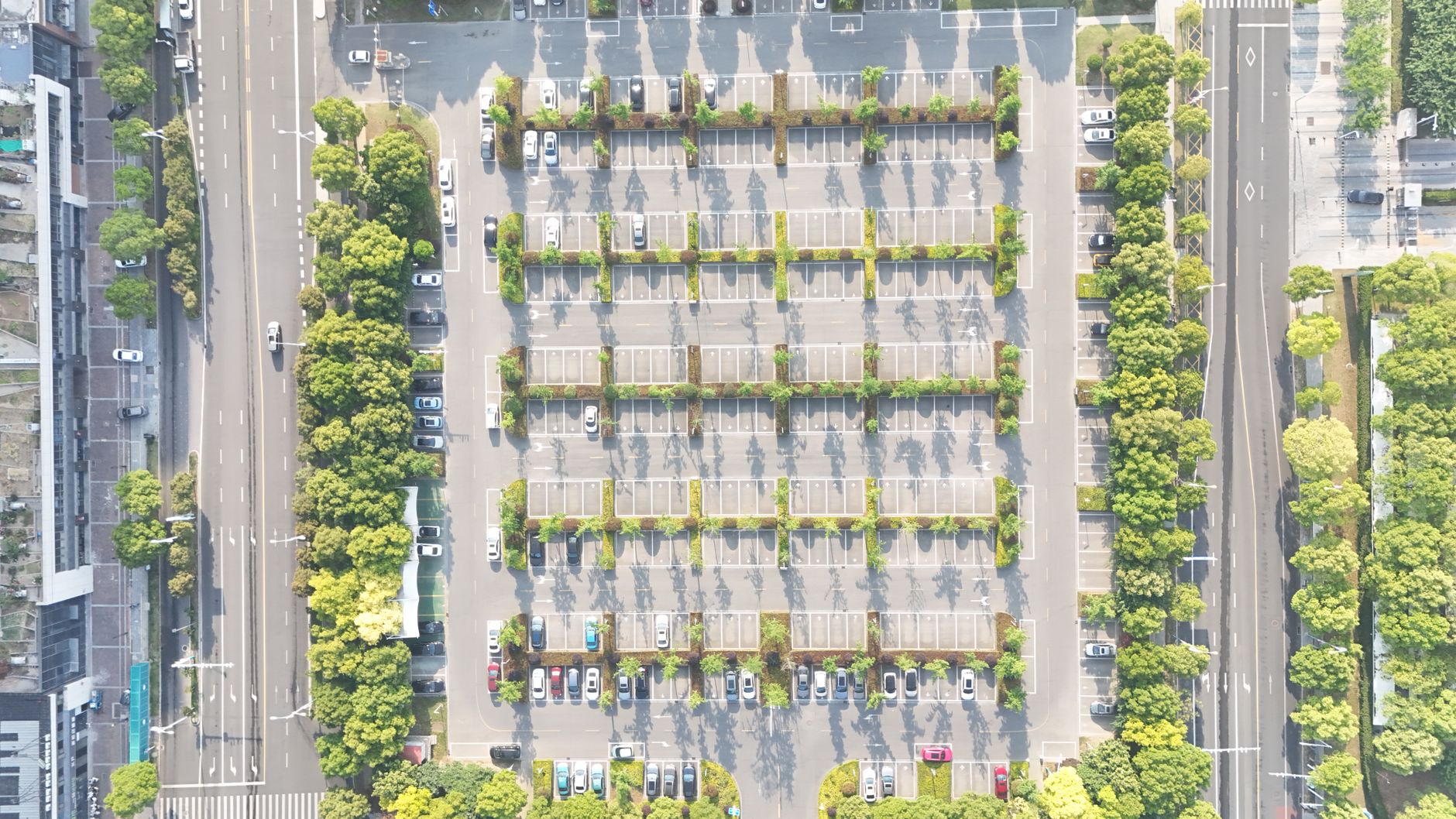 Aerial view showcasing an organized city parking lot lined with trees and parked cars.