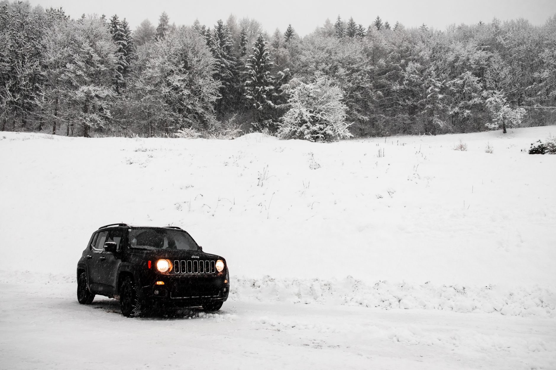 Black SUV navigates through a snow-covered forest, showcasing winter adventure and offroad capabilities.