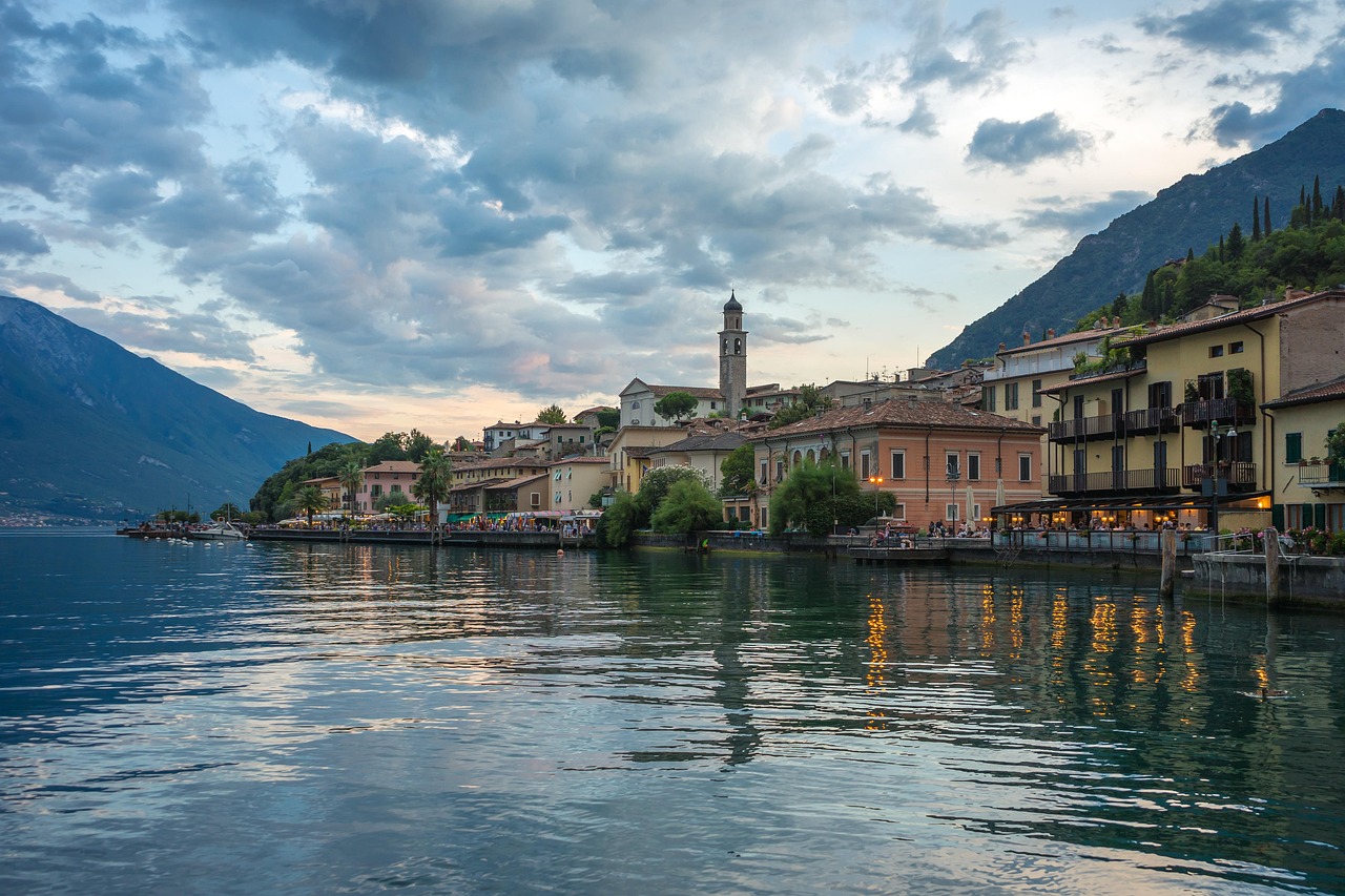 port, lake, architecture, vacations, water, clouds, heaven, mountain, houses, building, landscape, city, tourism, garda, nature, limone, limone sul garda, italy, lake garda