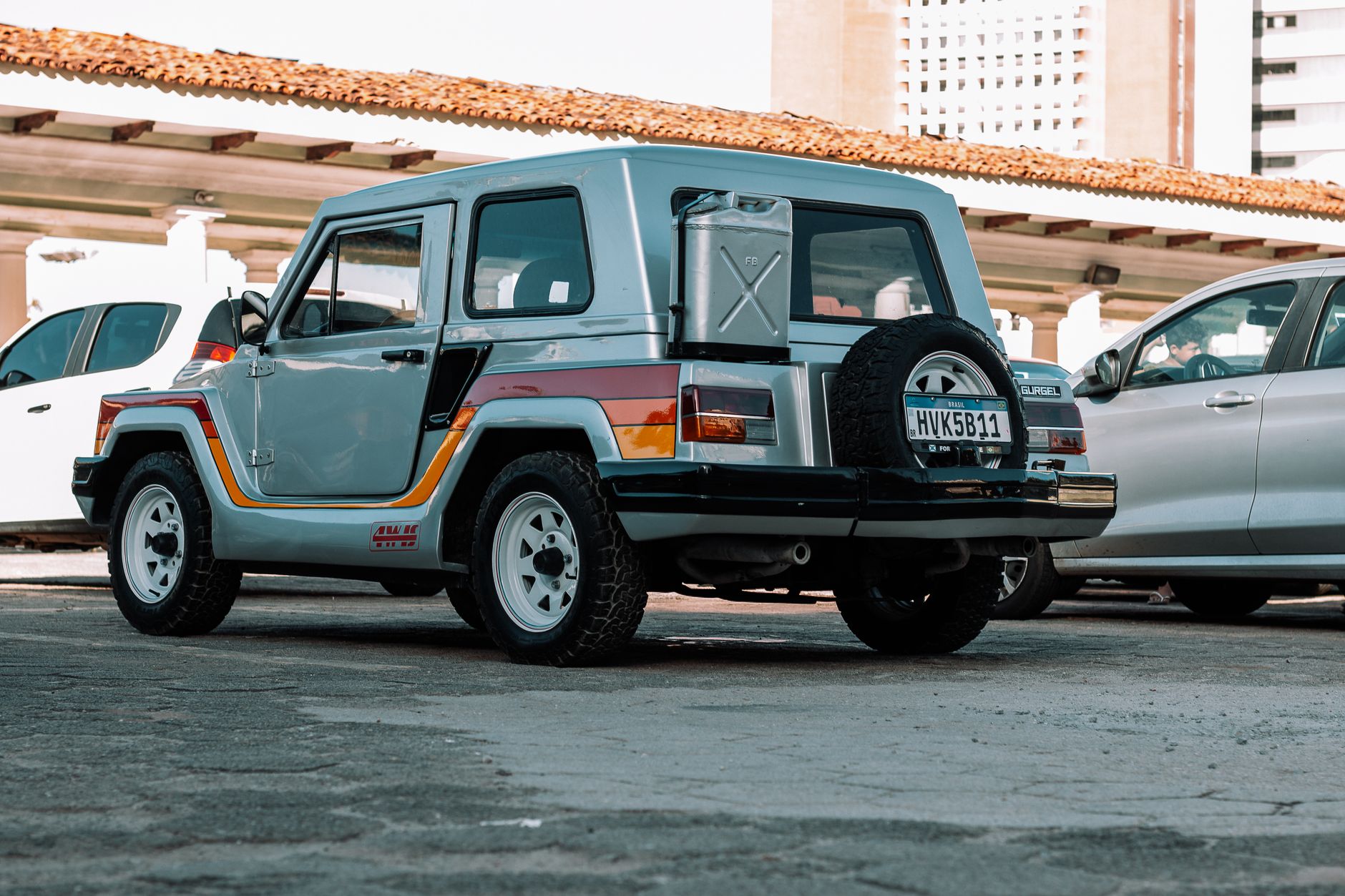 A classic SUV with retro style parked in an urban lot, showcasing vintage automotive design.
